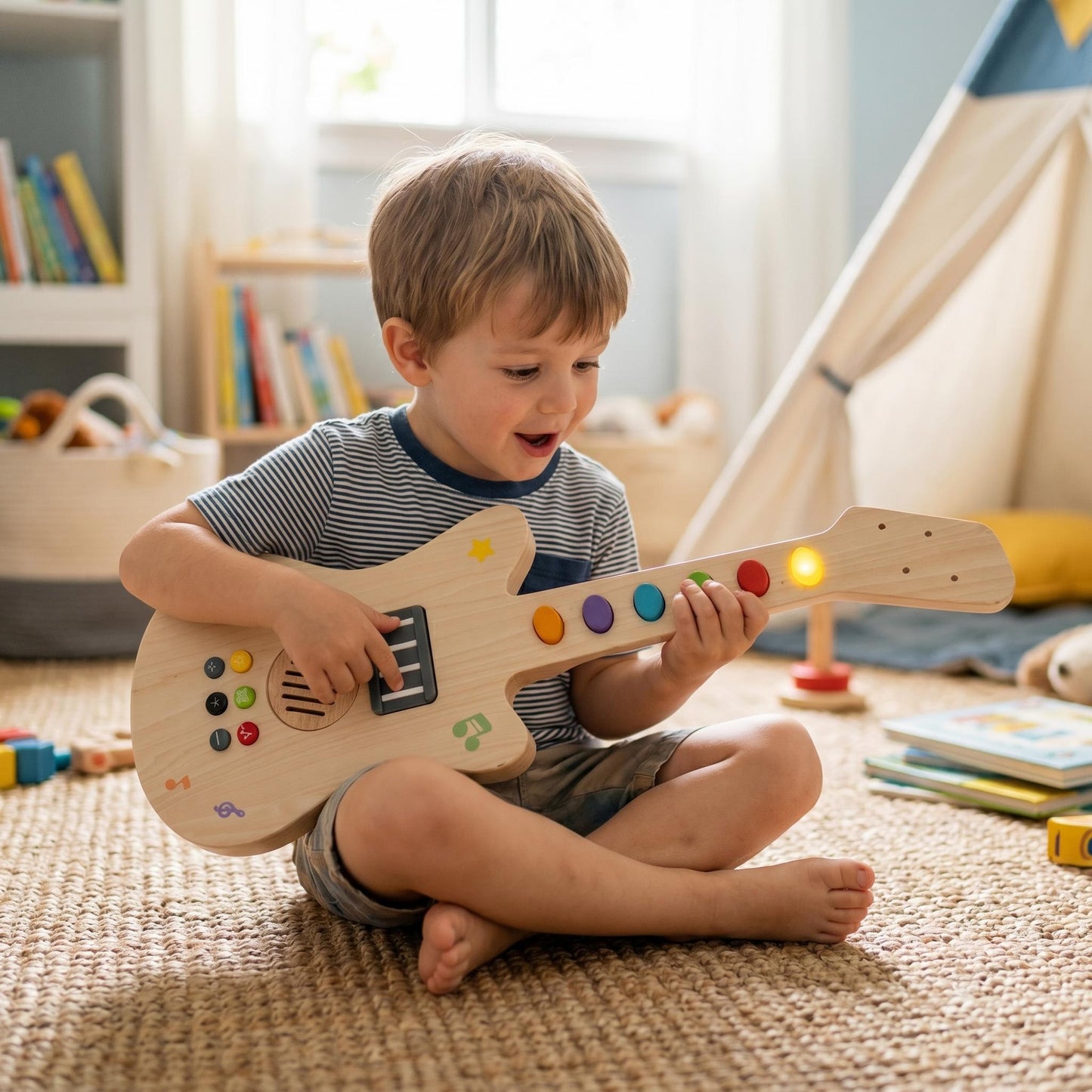 Children's LED Light Sound Montessori Educational Wooden Toys Music Guitar-shaped Creative Sensory Montessori Toys Electric