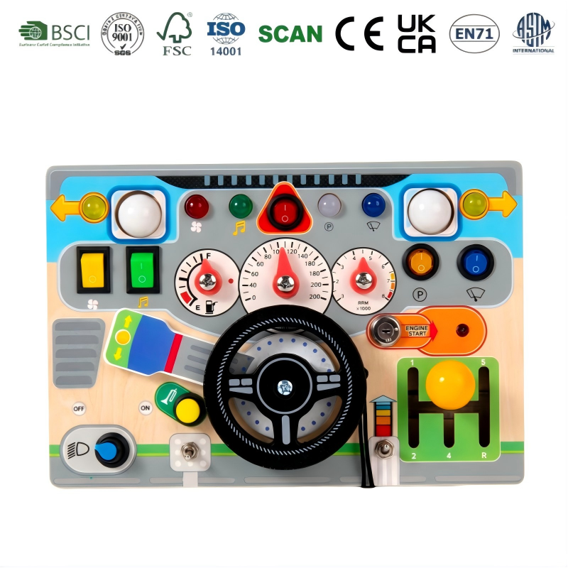 Wooden Car Dashboard Busy Board with Interactive Buttons & Gears EN71 Certified Rechargeable Battery with Light & Sound Effect