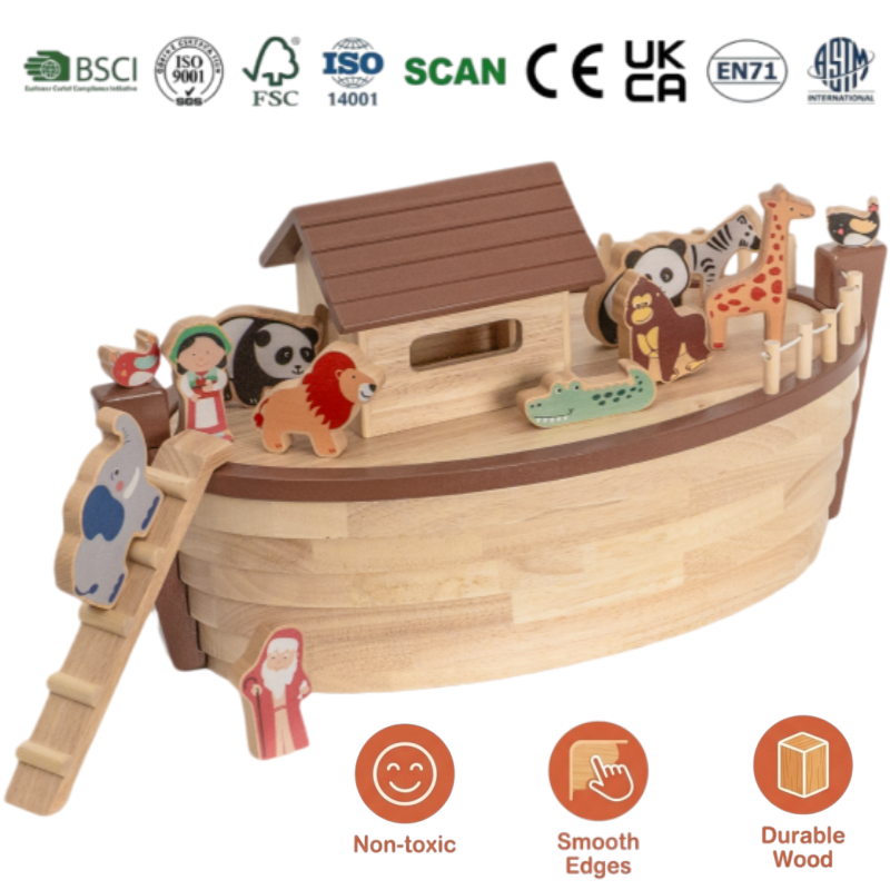 Noah's Ark Toy Wooden Animal Play Set Shape Sorter Game Wood Train Sets for Kids Wooden Abc Cube Set Wooden Alphabet OEM ODM