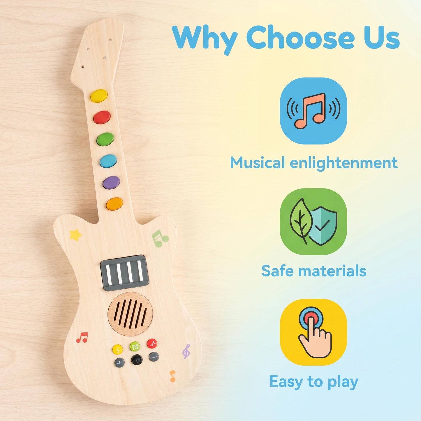 Children's LED Light Sound Montessori Educational Wooden Toys Music Guitar-shaped Creative Sensory Montessori Toys Electric
