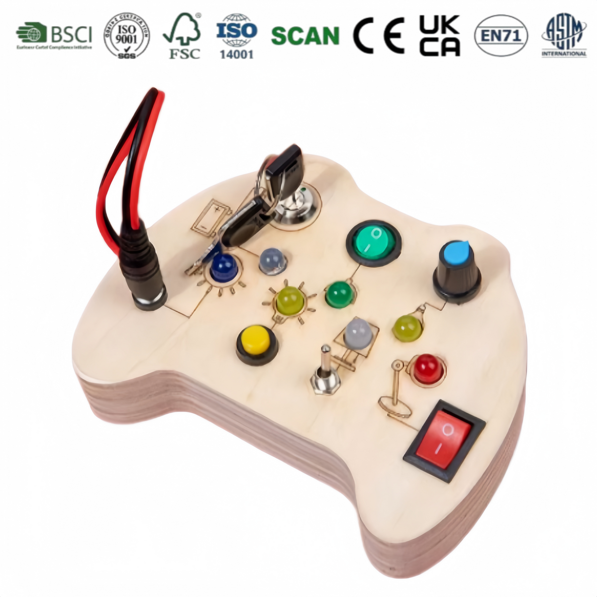 Wooden Busy Board Gamepad Design Children's Educational Games Montessori Sensory Toy CE Certified Interactive with Light Effect