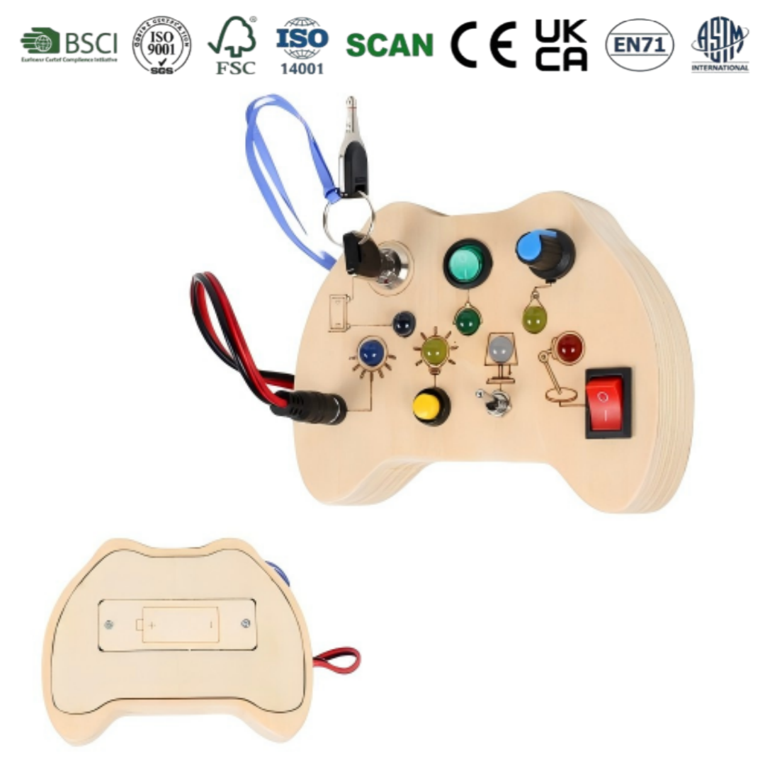 Wooden Busy Board Gamepad Design Children's Educational Games Montessori Sensory Toy CE Certified Interactive with Light Effect