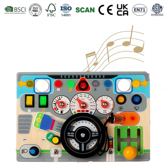 Wooden Car Dashboard Busy Board with Interactive Buttons & Gears EN71 Certified Rechargeable Battery with Light & Sound Effect