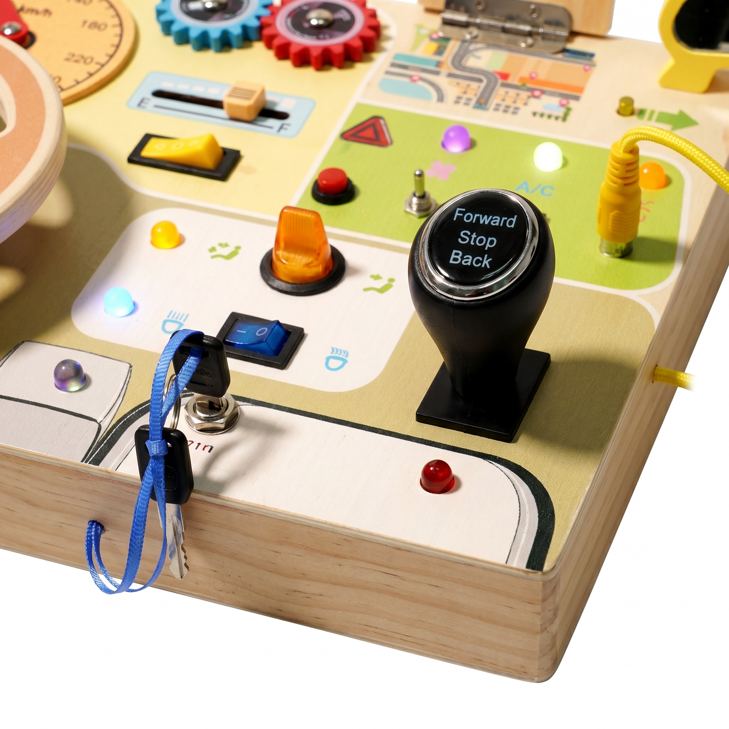 Interactive Wholesale Wooden Driving Simulator Busy Board Kids Sensory Activity Toy All-in-one Dashboard with Light & Sound