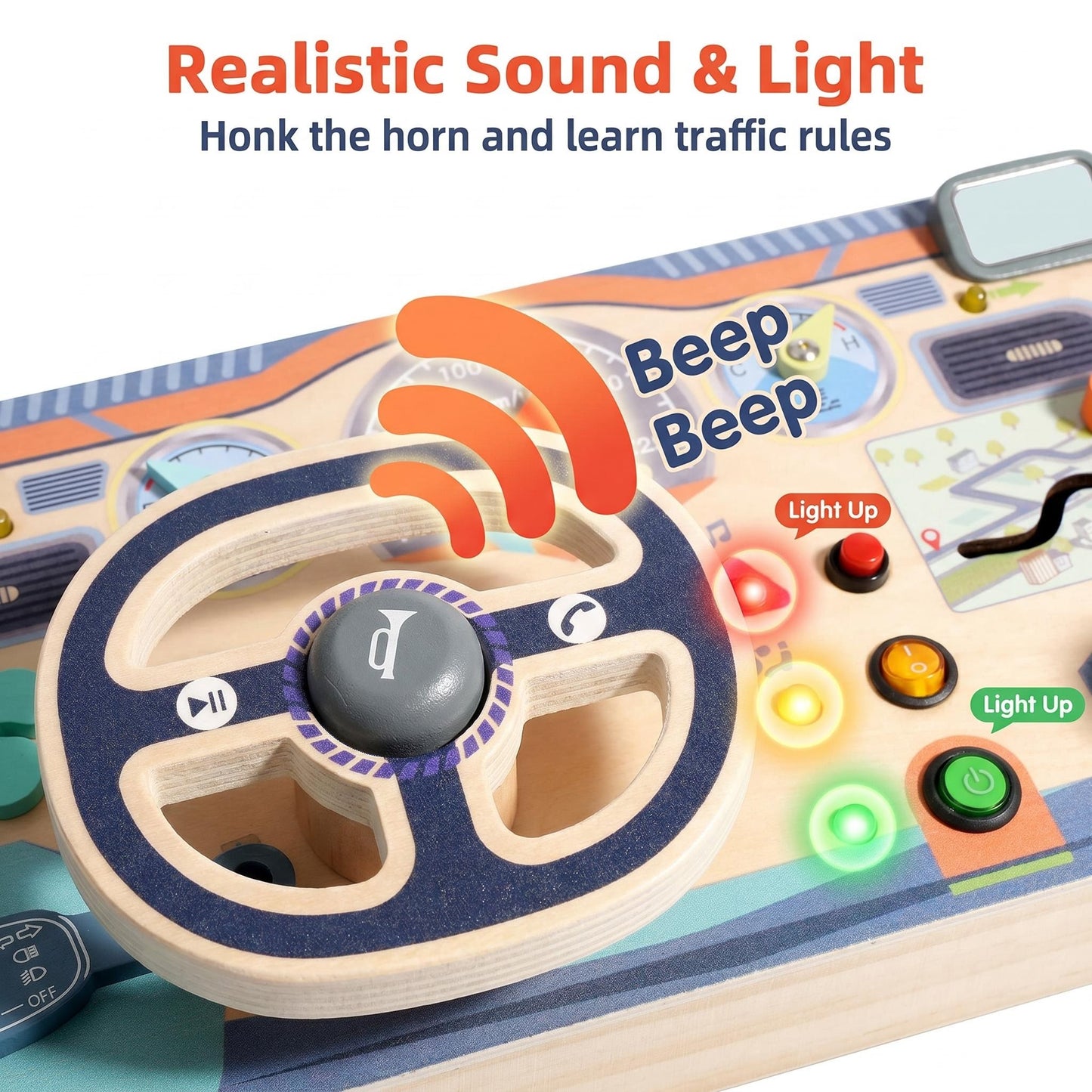 Wooden Driving Simulator Busy Board with Steering Wheel Gear Shift and Dashboard Multifunctional with Light & Sound Effect