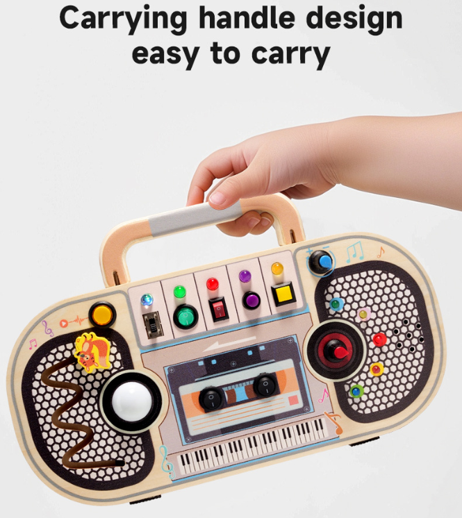 Wooden Busy Board Boombox Shaped Educational Sensory Activity Multifunctional Toy for Fine Motor Skills Development Light&Sound