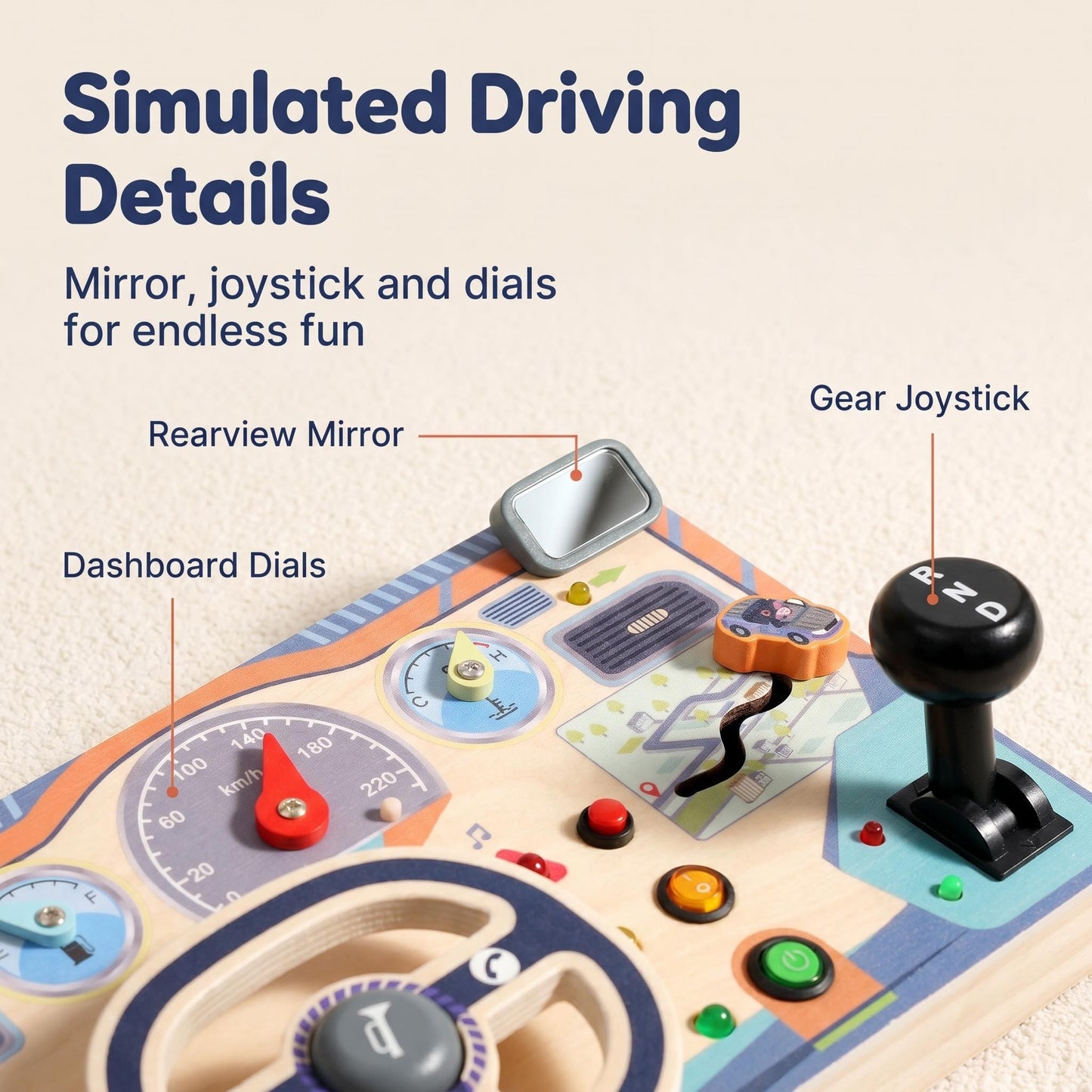 Wooden Driving Simulator Busy Board with Steering Wheel Gear Shift and Dashboard Multifunctional with Light & Sound Effect