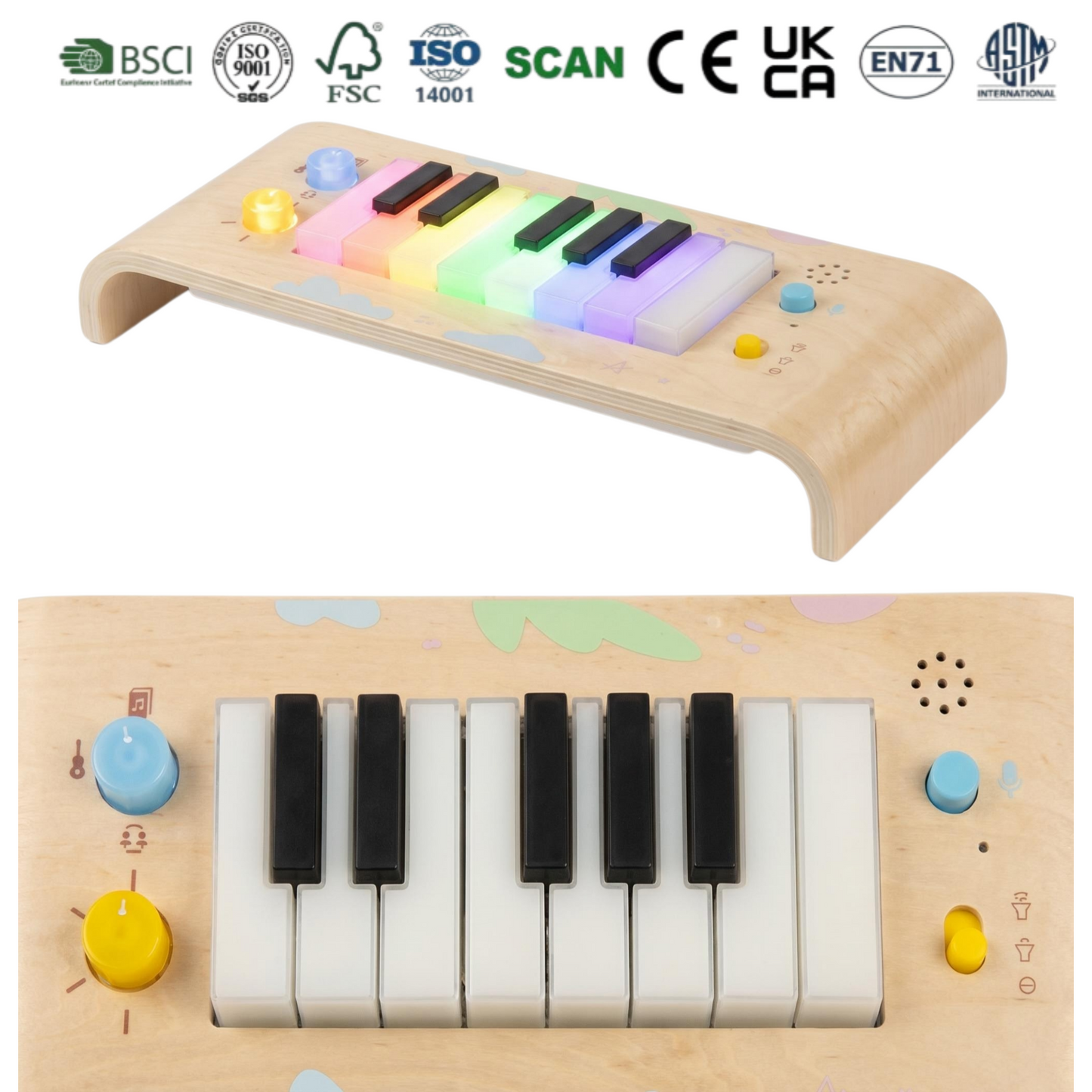 Toddlers Wooden Piano Toy Kids Music Enlightenment Keyboard with Light Educational Rechargeable Interactive Toy Electronic