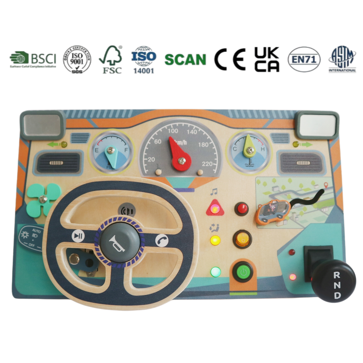 Wooden Driving Simulator Busy Board with Steering Wheel, Gear Shift and Dashboard Multifunctional with Light & Sound Effect