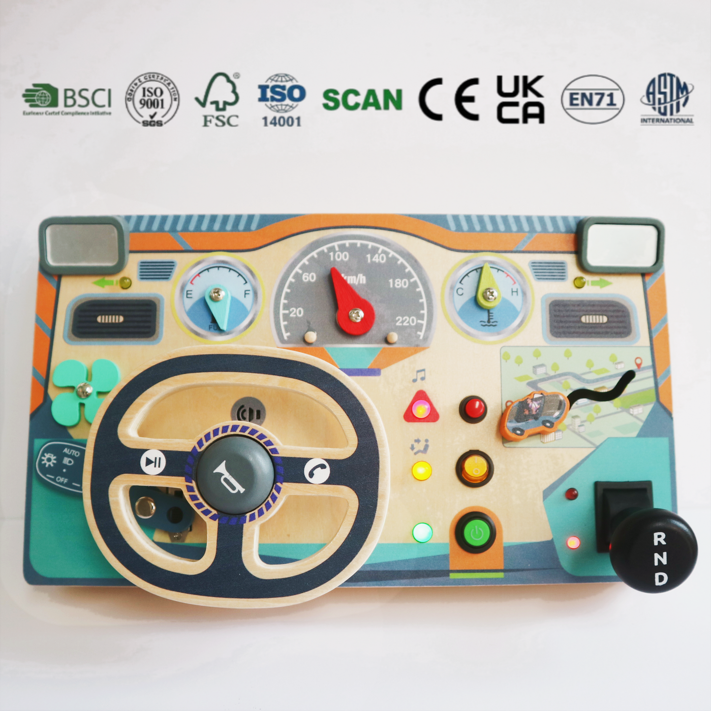 Wooden Driving Simulator Busy Board with Steering Wheel Gear Shift and Dashboard Multifunctional with Light & Sound Effect
