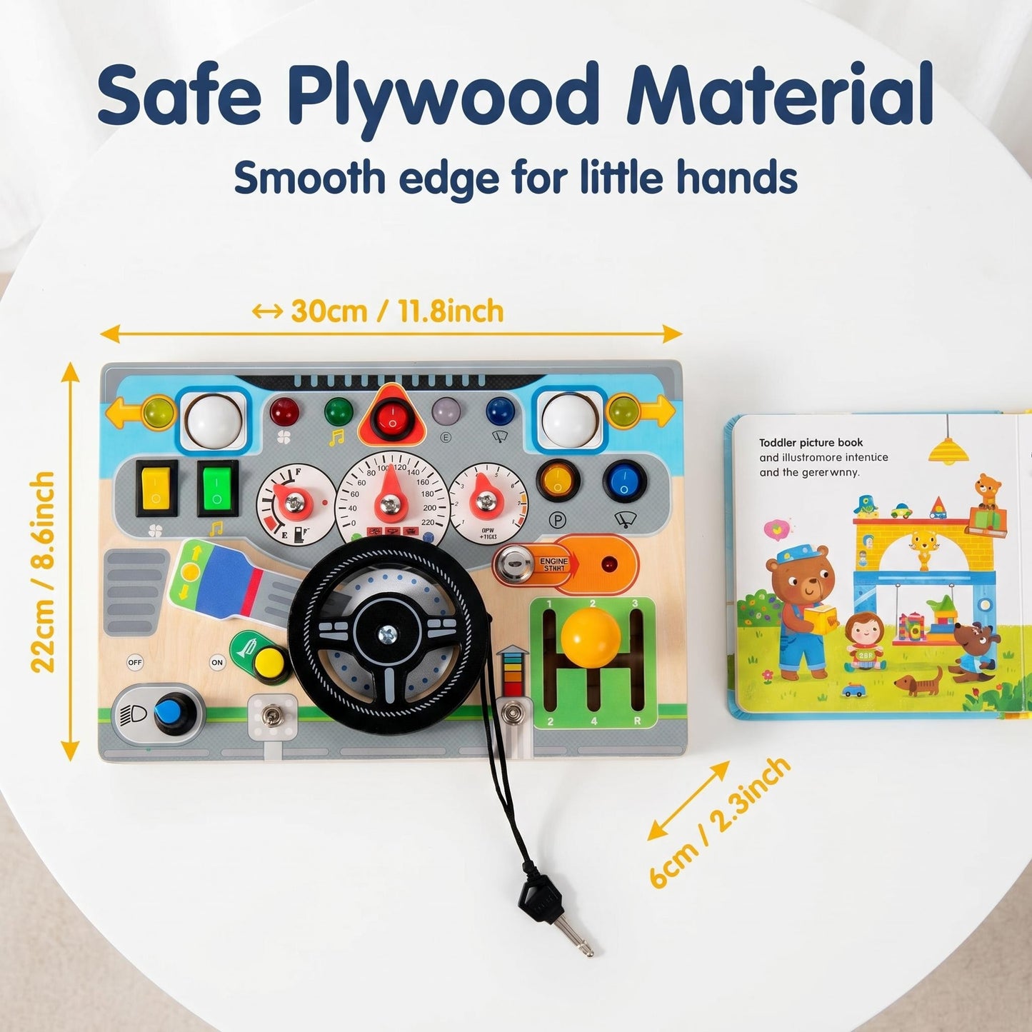 Wooden Car Dashboard Busy Board with Interactive Buttons & Gears EN71 Certified Rechargeable Battery with Light & Sound Effect