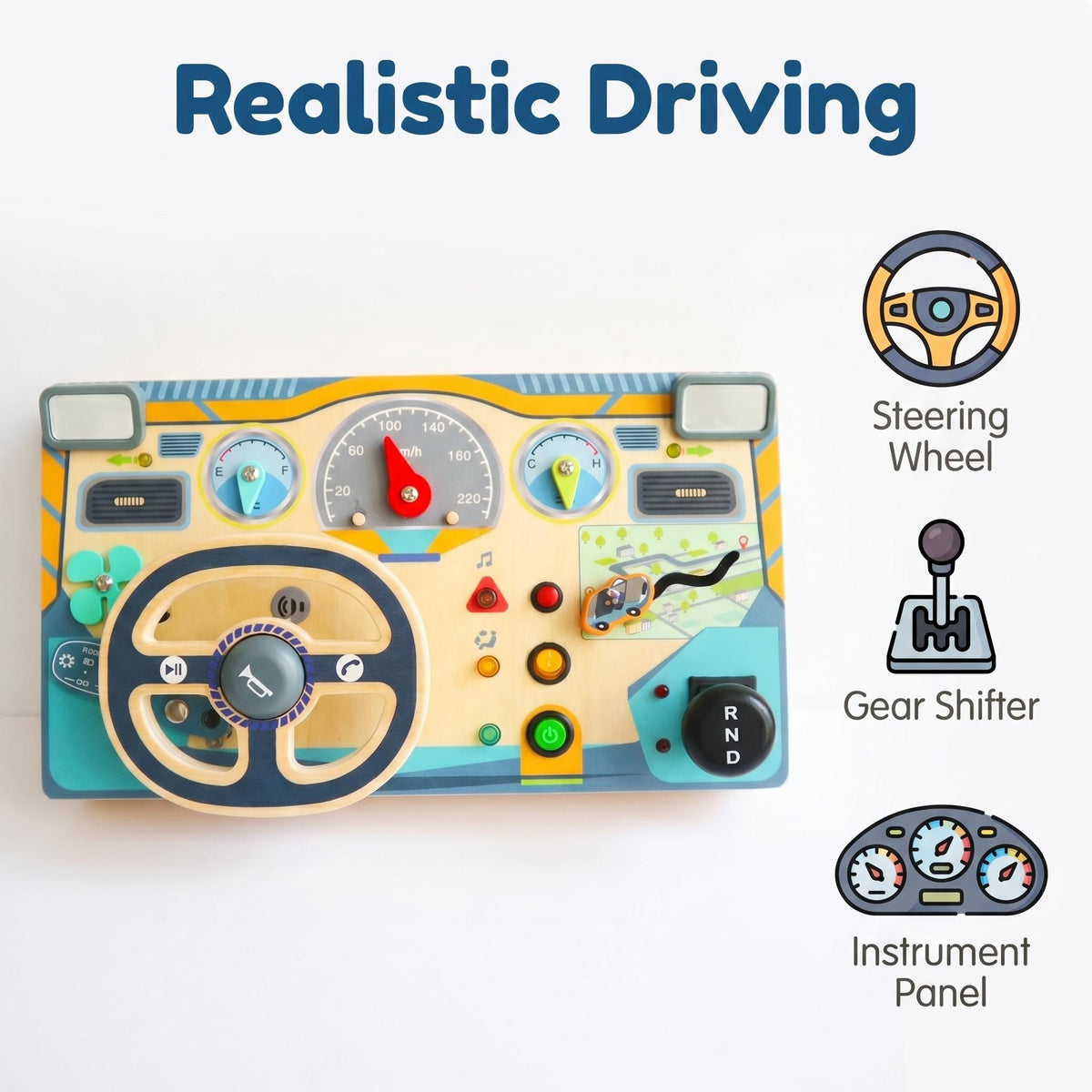 Wooden Driving Simulator Busy Board with Steering Wheel, Gear Shift and Dashboard Multifunctional with Light & Sound Effect