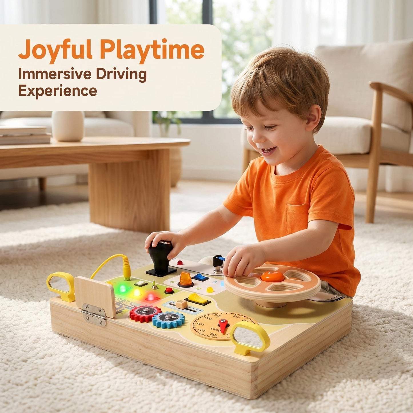 Interactive Wholesale Wooden Driving Simulator Busy Board Kids Sensory Activity Toy All-in-one Dashboard with Light & Sound