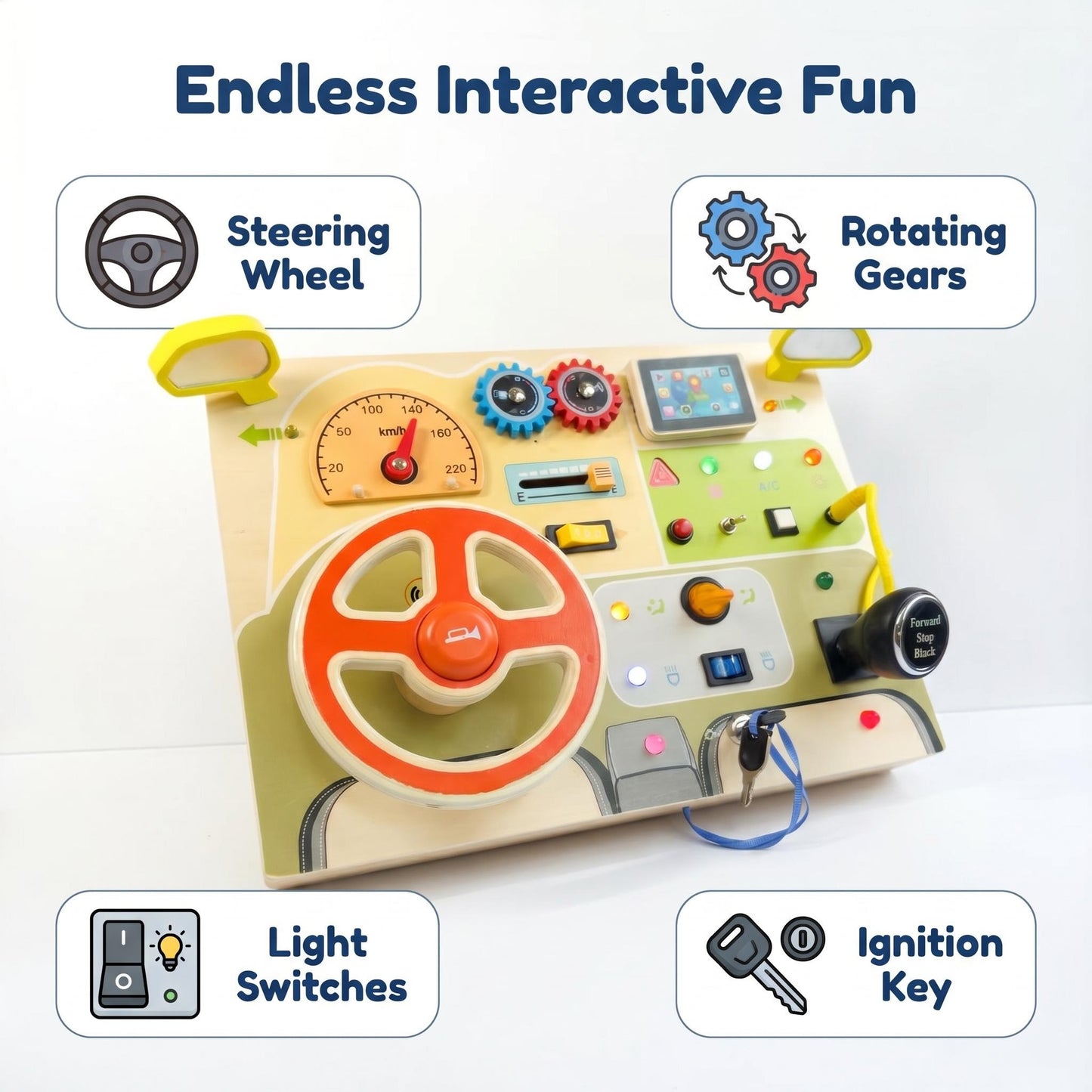 Interactive Wholesale Wooden Driving Simulator Busy Board Kids Sensory Activity Toy All-in-one Dashboard with Light & Sound