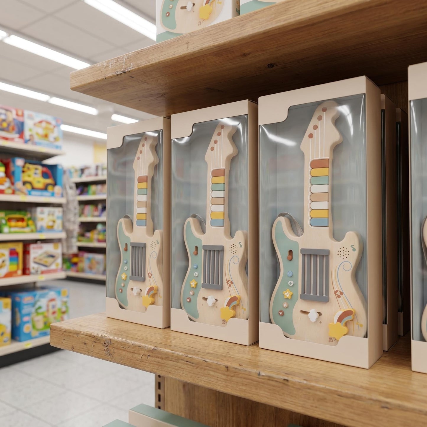 Portable Kids Wooden Guitar-shaped Montessori Toys Built-in Rock Songs Good Playing Experience With Light & Sound Effect