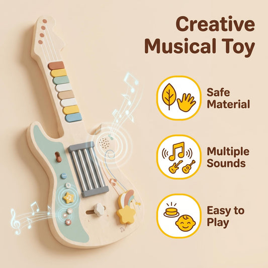 Portable Kids Wooden Guitar-shaped Montessori Toys Built-in Rock Songs Good Playing Experience With Light & Sound Effect