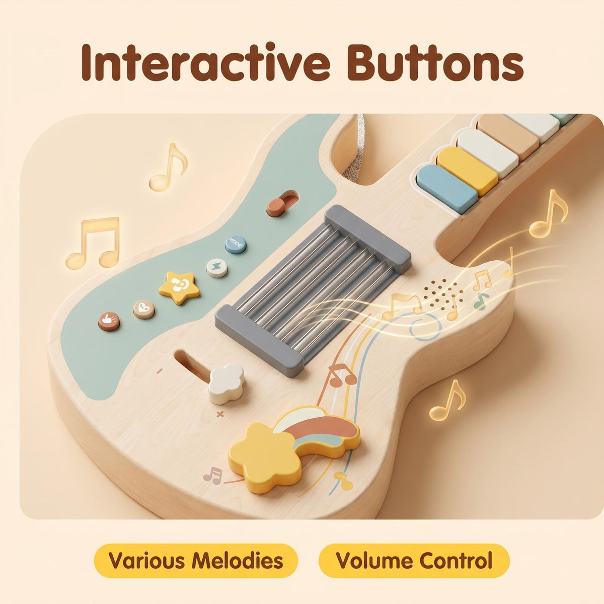 Portable Kids Wooden Guitar-shaped Montessori Toys Built-in Rock Songs Good Playing Experience With Light & Sound Effect