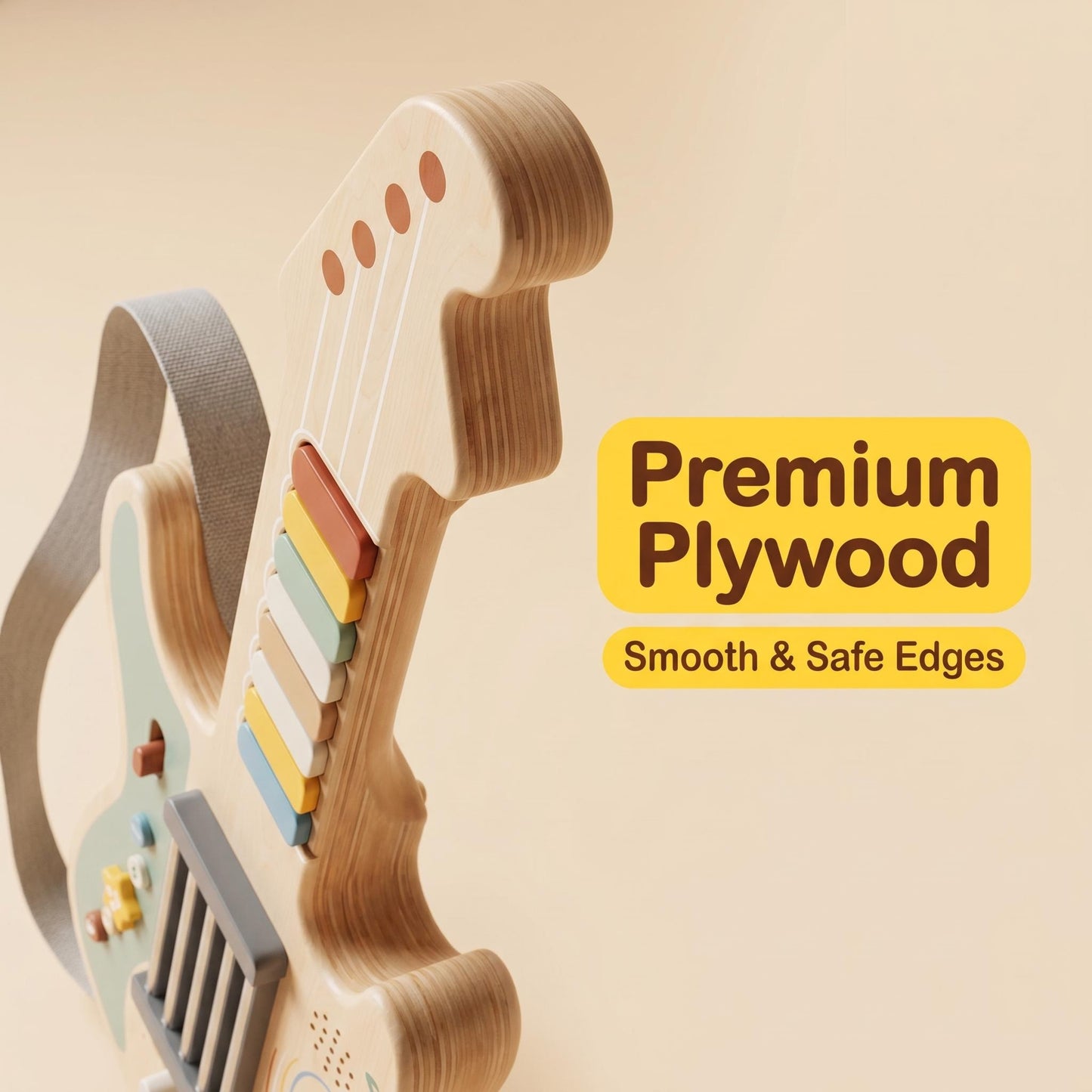 Portable Kids Wooden Guitar-shaped Montessori Toys Built-in Rock Songs Good Playing Experience With Light & Sound Effect