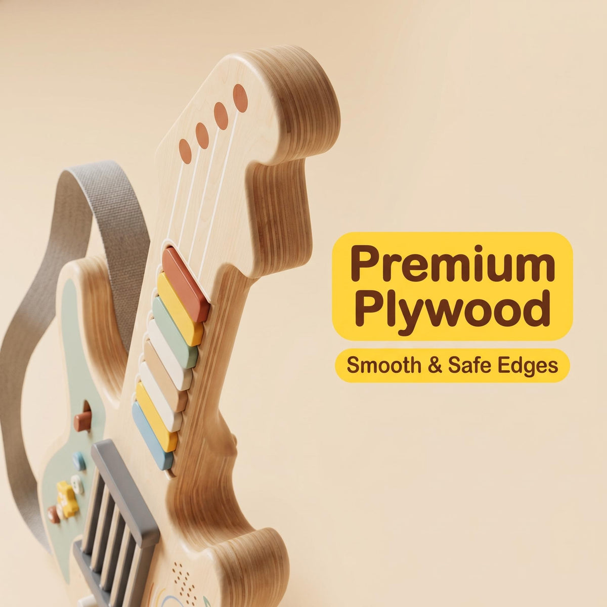 Portable Kids Wooden Guitar-shaped Montessori Toys Built-in Rock Songs Good Playing Experience With Light & Sound Effect