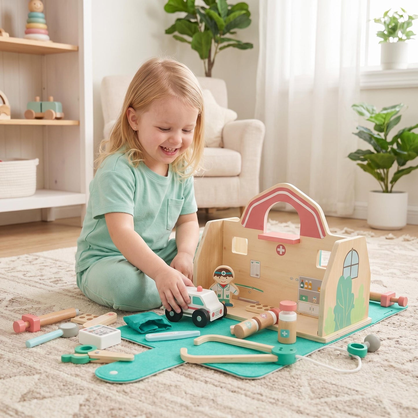 Portable Foldable Wooden Hospital Toy Set Accessories Ambulance Kids Doctor Pretend Play Carry-Along Medical Playsets
