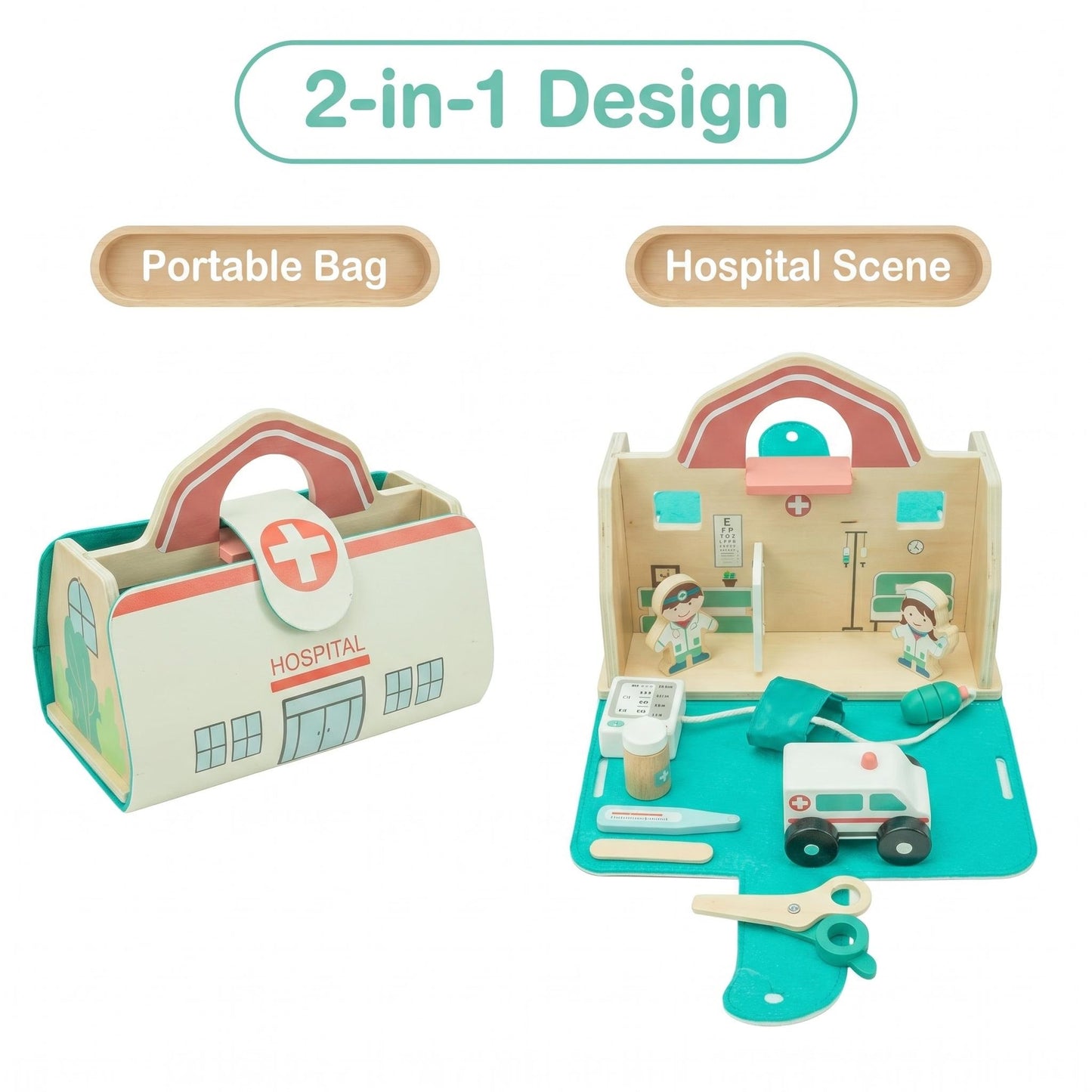 Portable Foldable Wooden Hospital Toy Set Accessories Ambulance Kids Doctor Pretend Play Carry-Along Medical Playsets
