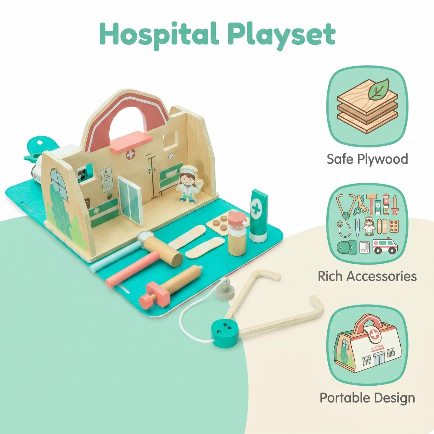 Portable Foldable Wooden Hospital Toy Set Accessories Ambulance Kids Doctor Pretend Play Carry-Along Medical Playsets