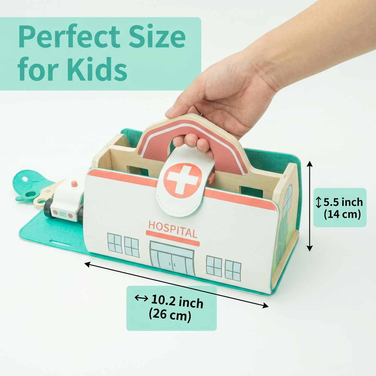 Portable Foldable Wooden Hospital Toy Set Accessories Ambulance Kids Doctor Pretend Play Carry-Along Medical Playsets