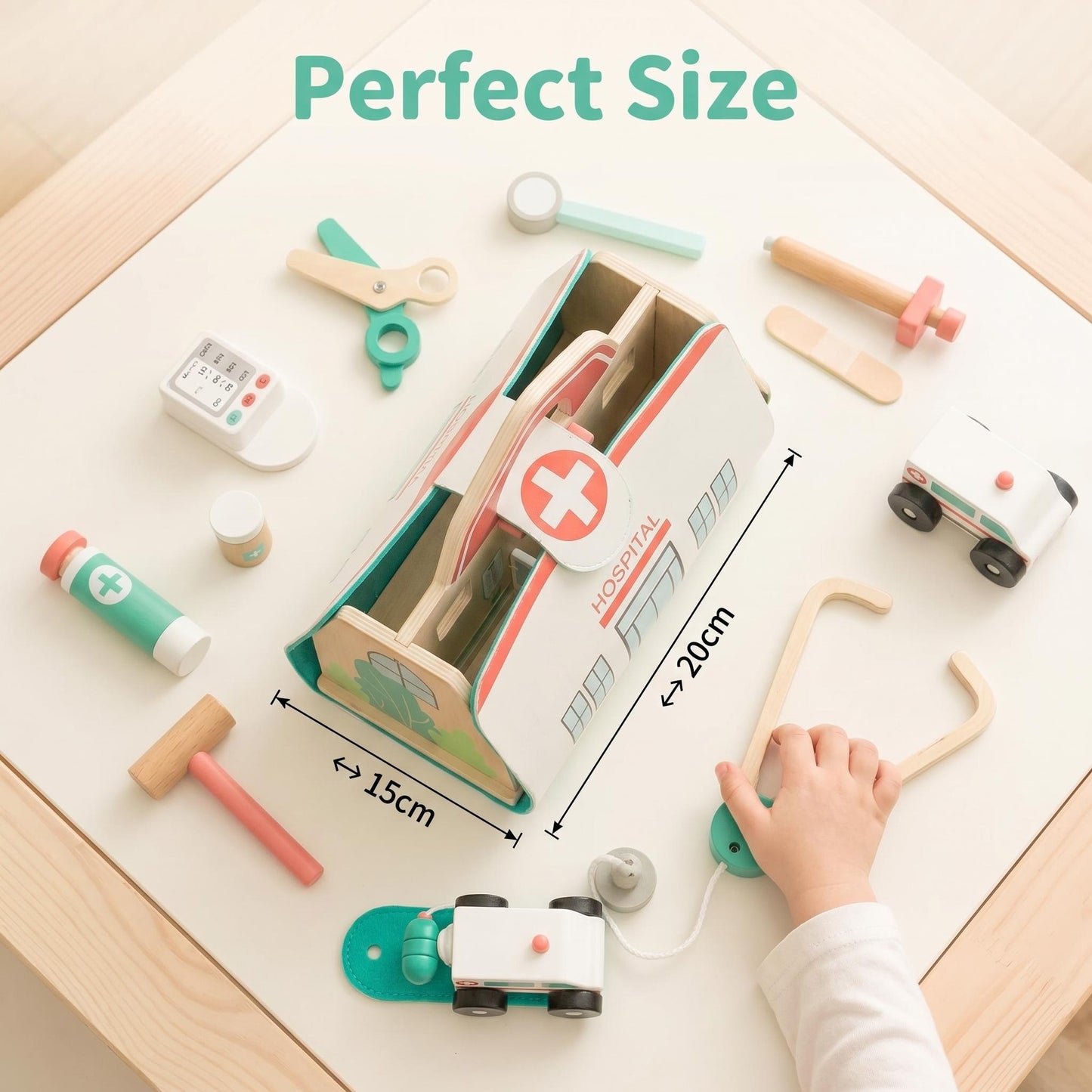 Portable Foldable Wooden Hospital Toy Set Accessories Ambulance Kids Doctor Pretend Play Carry-Along Medical Playsets