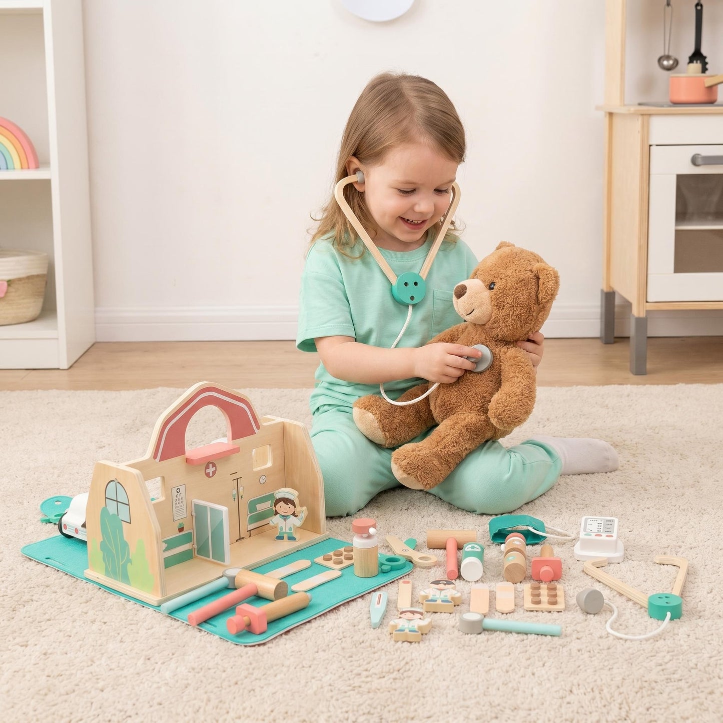 Portable Foldable Wooden Hospital Toy Set Accessories Ambulance Kids Doctor Pretend Play Carry-Along Medical Playsets