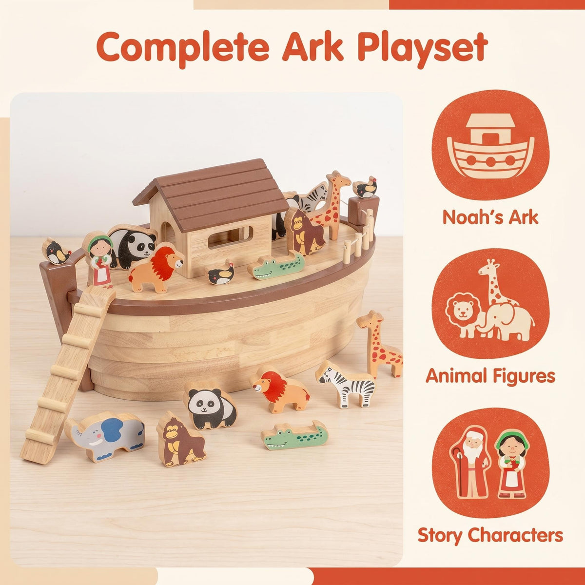 Noah's Ark Toy Wooden Animal Play Set Shape Sorter Game Wood Train Sets for Kids Wooden Abc Cube Set Wooden Alphabet OEM ODM