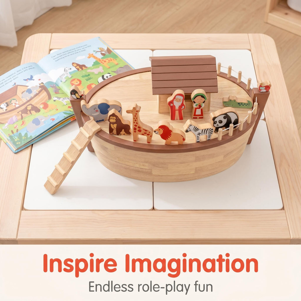 Noah's Ark Toy Wooden Animal Play Set Shape Sorter Game Wood Train Sets for Kids Wooden Abc Cube Set Wooden Alphabet OEM ODM