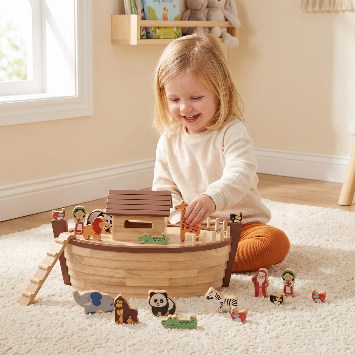 Noah's Ark Toy Wooden Animal Play Set Shape Sorter Game Wood Train Sets for Kids Wooden Abc Cube Set Wooden Alphabet OEM ODM