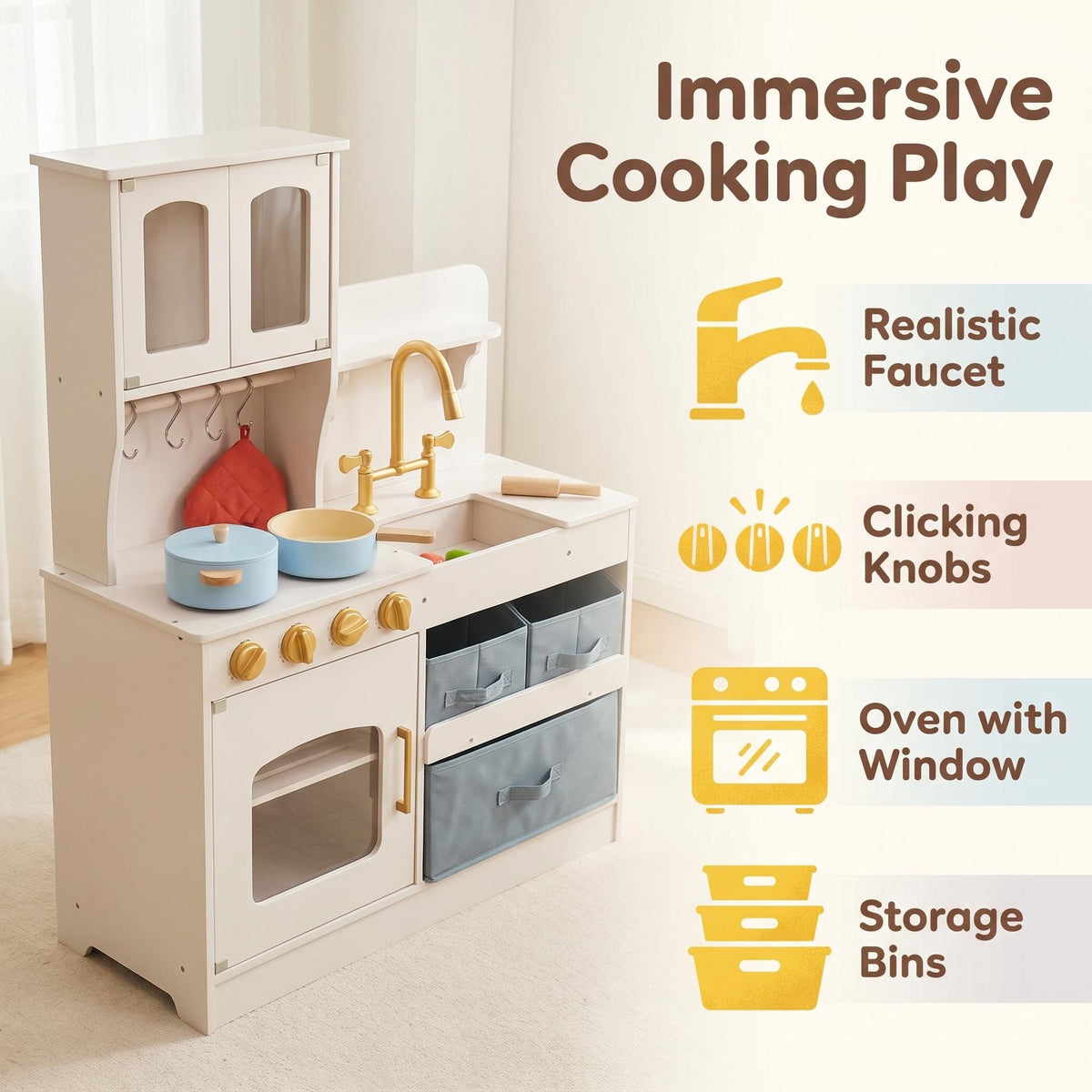 Pretend Play Kitchen  Modern Wooden Playsets with Gold Accessories Storage Baskets and Pots Cooking Toy for Kids Toddlers