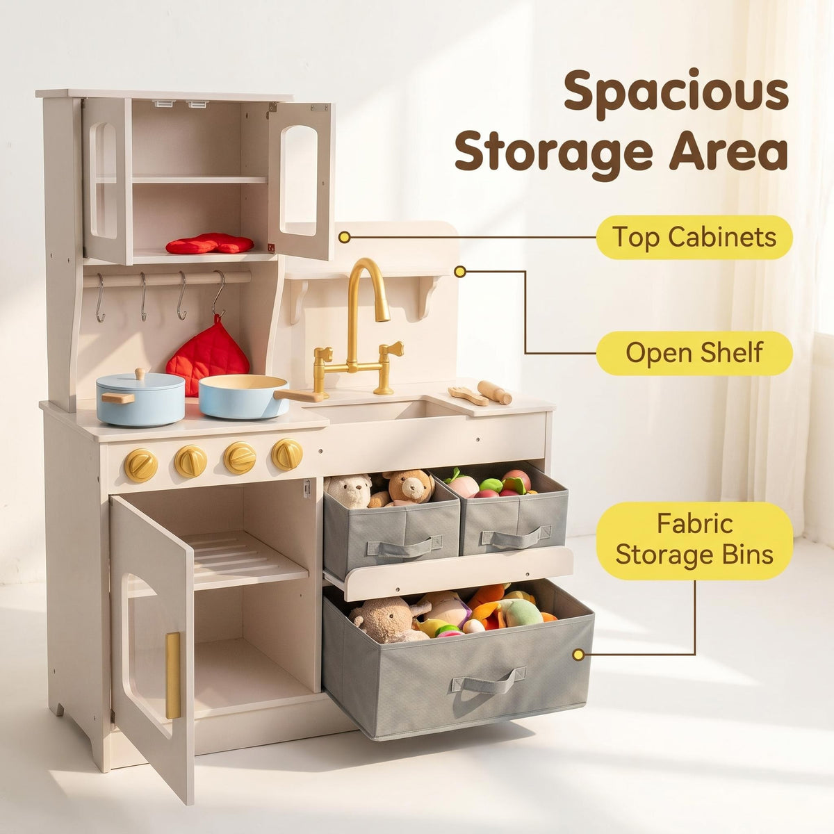 Pretend Play Kitchen  Modern Wooden Playsets with Gold Accessories Storage Baskets and Pots Cooking Toy for Kids Toddlers