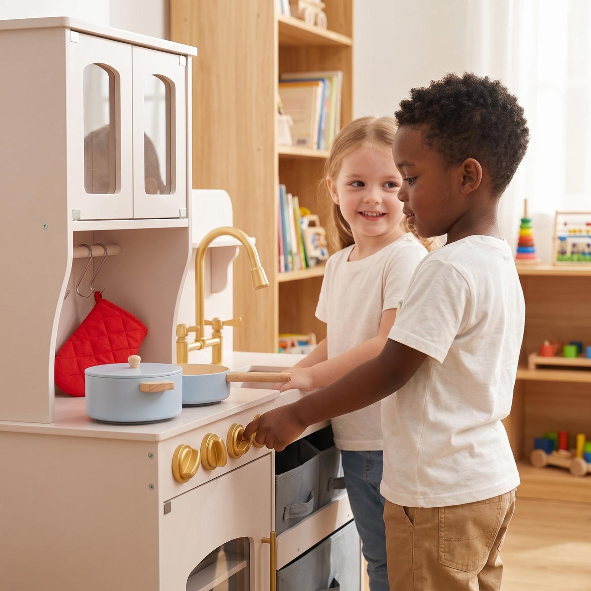 Pretend Play Kitchen  Modern Wooden Playsets with Gold Accessories Storage Baskets and Pots Cooking Toy for Kids Toddlers