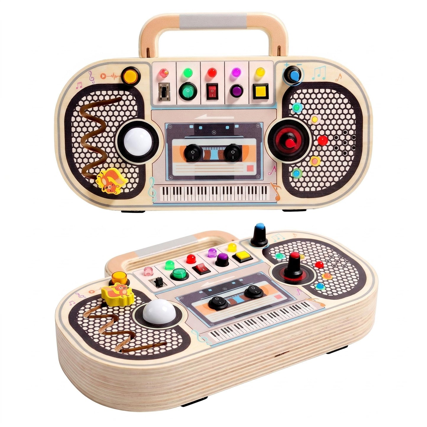 Wooden Busy Board Boombox Shaped Educational Sensory Activity Multifunctional Toy for Fine Motor Skills Development Light&Sound