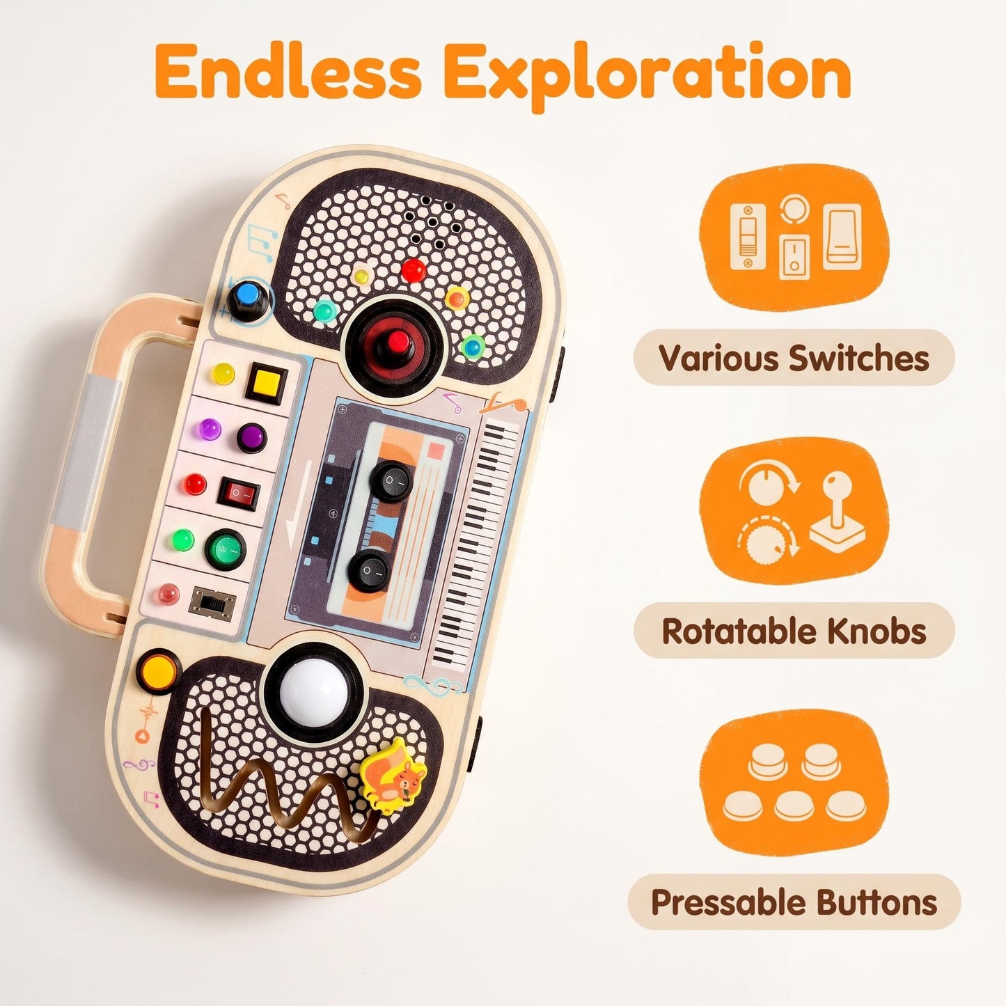 Wooden Busy Board Boombox Shaped Educational Sensory Activity Multifunctional Toy for Fine Motor Skills Development Light&Sound