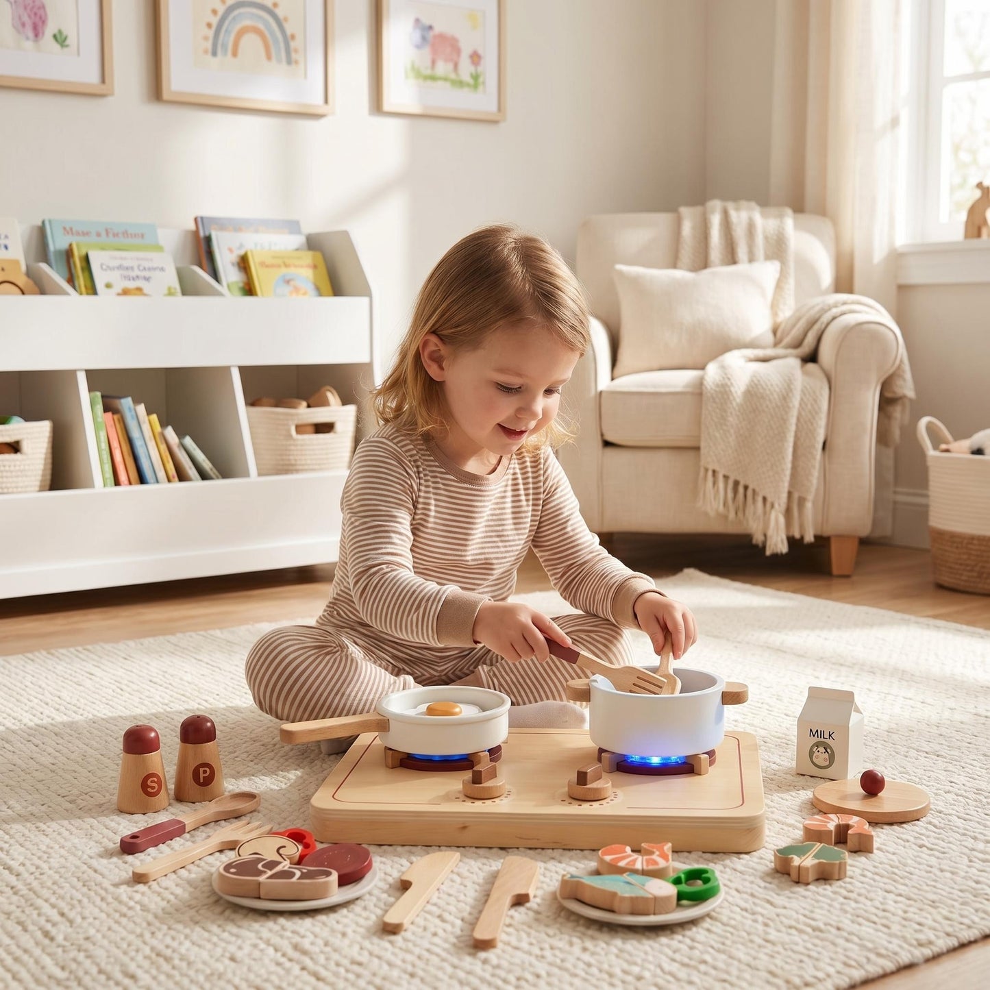 Wooden Gas Stove Toy with Simulated Flame Light and Sound Seafood Cookware Set Kids Pretend Play Cooking Playsets for Children