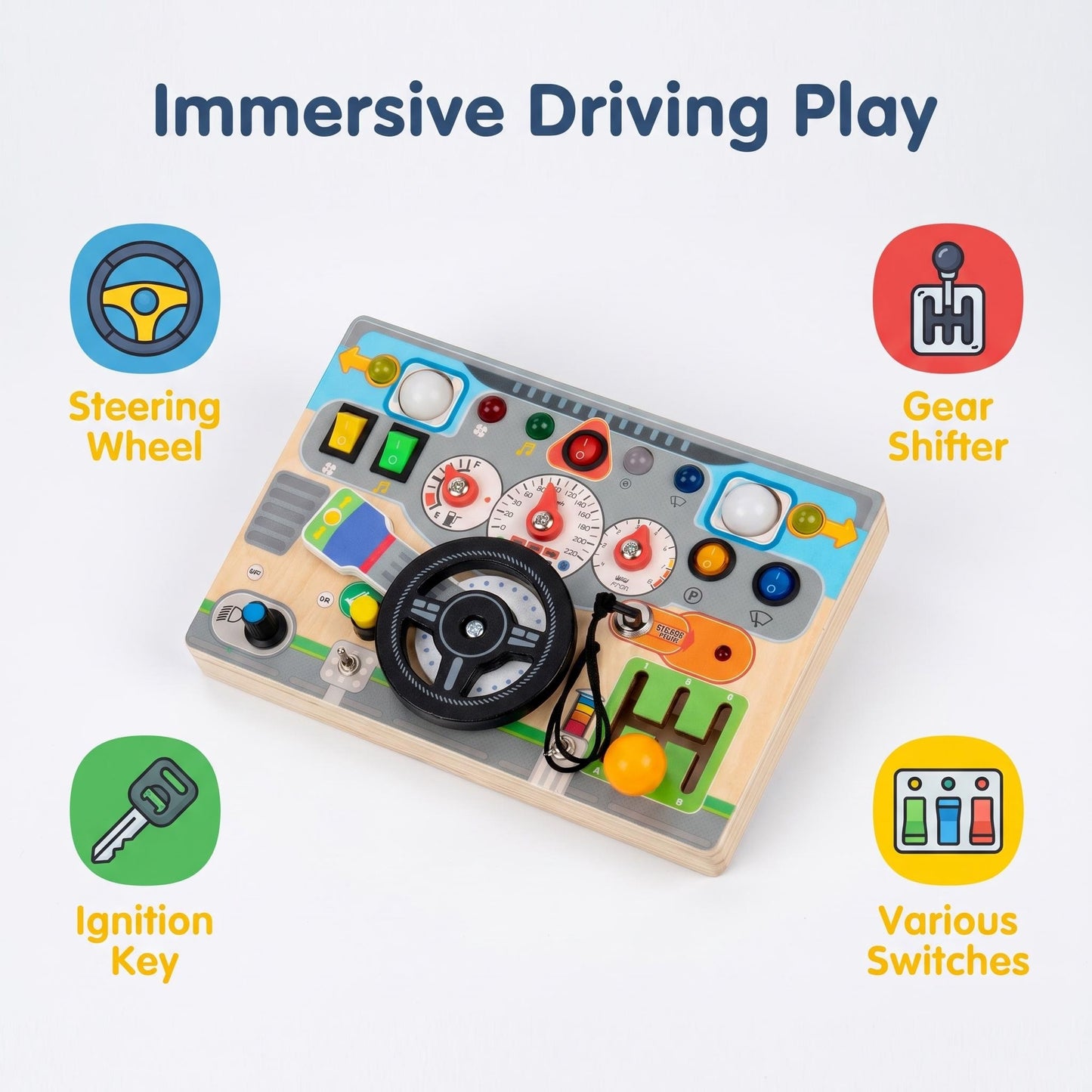 Wooden Car Dashboard Busy Board with Interactive Buttons & Gears EN71 Certified Rechargeable Battery with Light & Sound Effect