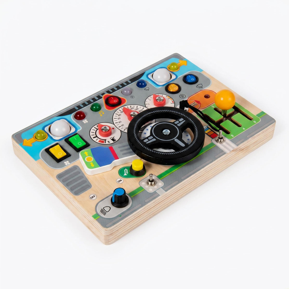 Wooden Car Dashboard Busy Board with Interactive Buttons & Gears EN71 Certified Rechargeable Battery with Light & Sound Effect