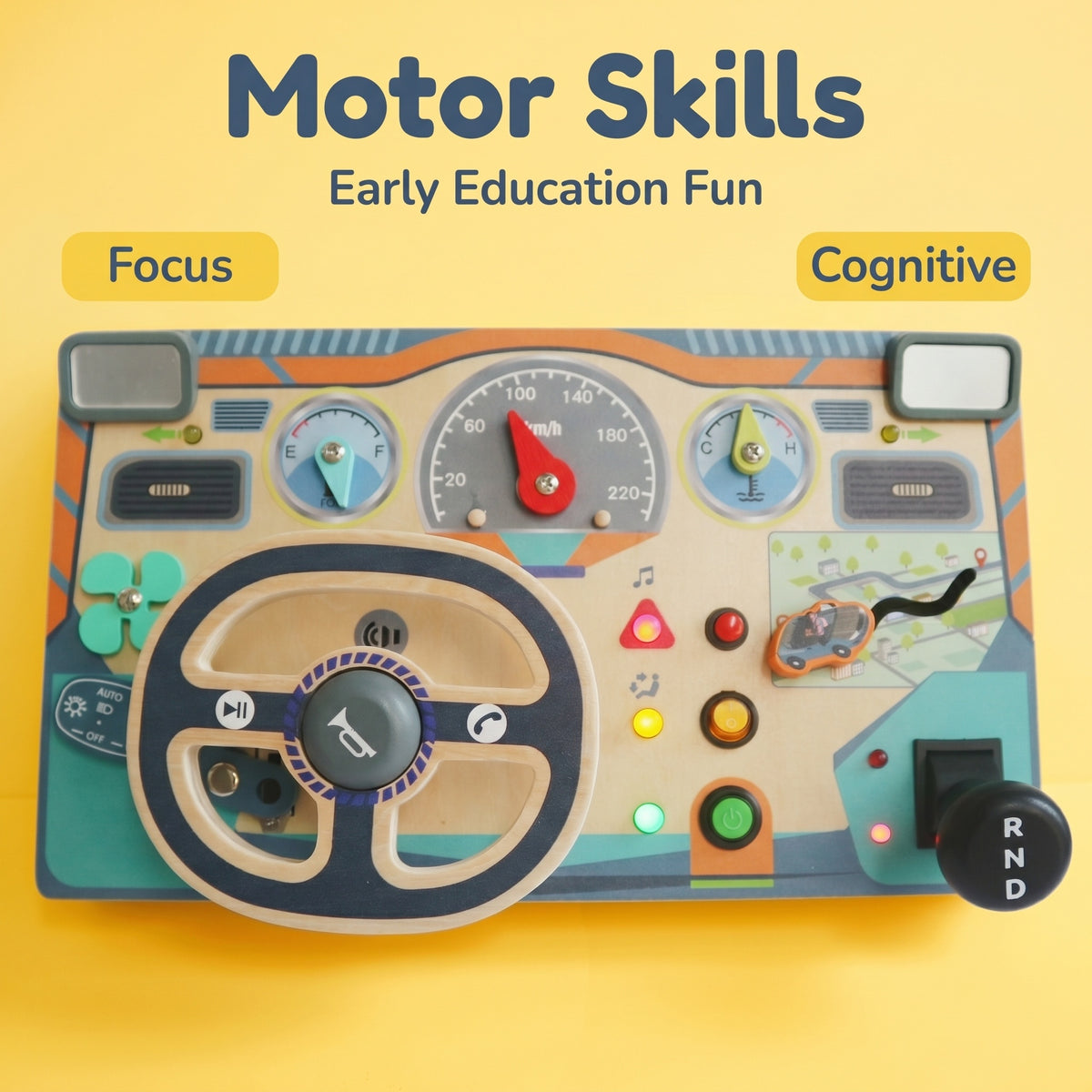 Wooden Driving Simulator Busy Board with Steering Wheel, Gear Shift and Dashboard Multifunctional with Light & Sound Effect