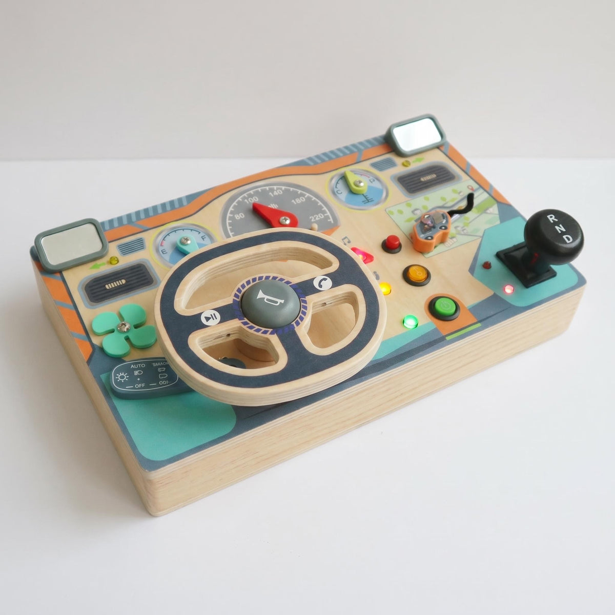 Wooden Driving Simulator Busy Board with Steering Wheel, Gear Shift and Dashboard Multifunctional with Light & Sound Effect