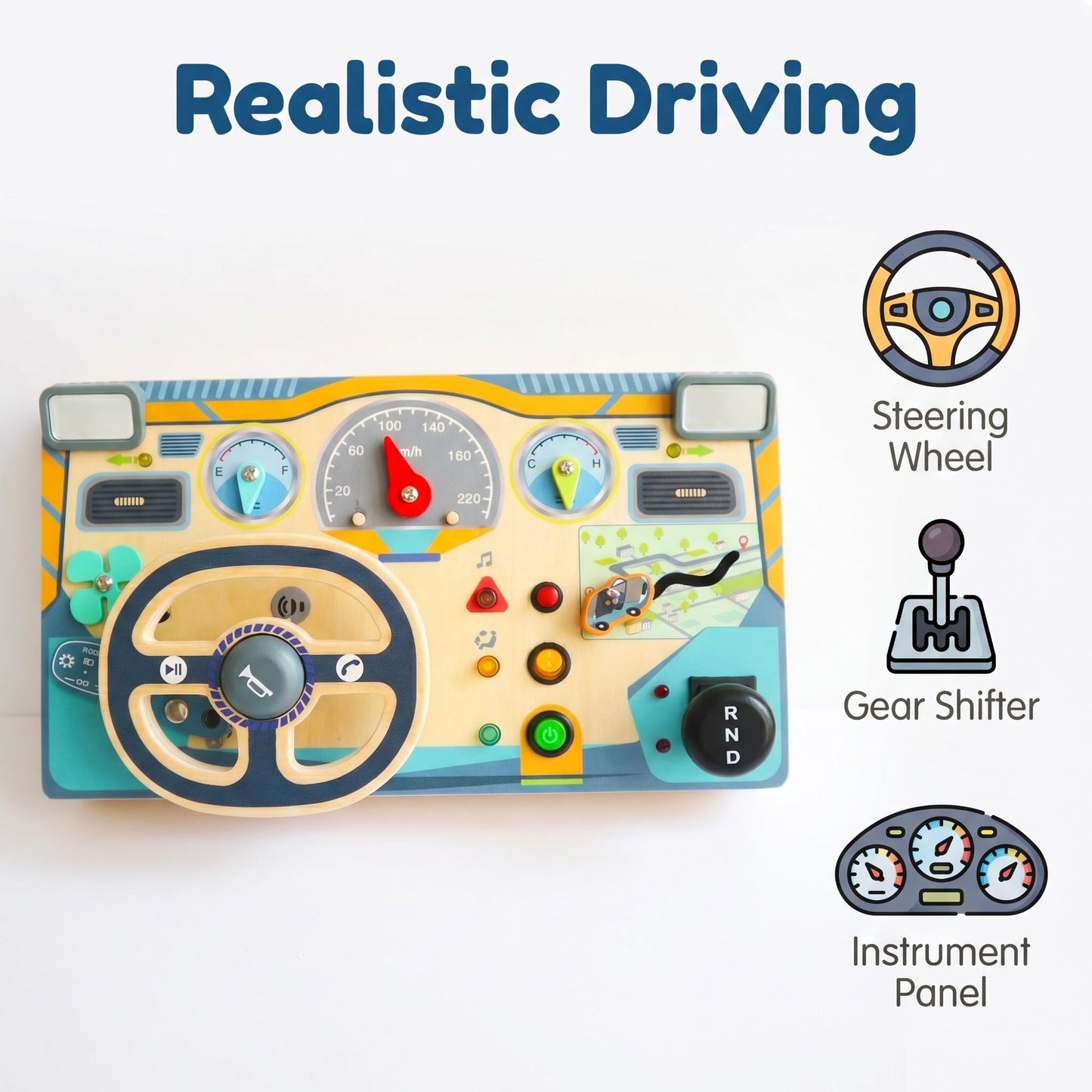 Wooden Driving Simulator Busy Board with Steering Wheel Gear Shift and Dashboard Multifunctional with Light & Sound Effect