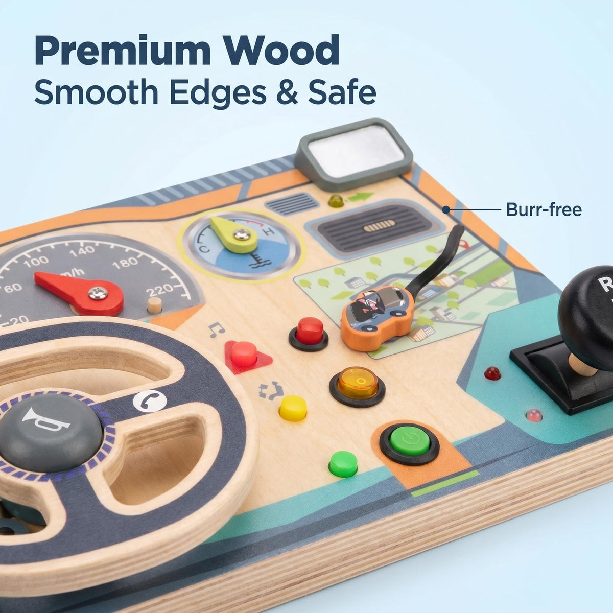 Wooden Driving Simulator Busy Board with Steering Wheel, Gear Shift and Dashboard Multifunctional with Light & Sound Effect