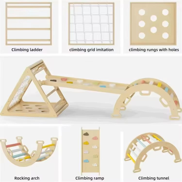 Elephant-themed Wooden Montessori Climbing Set Indoor for Toddler with Colorful Ramp Pikler Triangle Set Approved Material