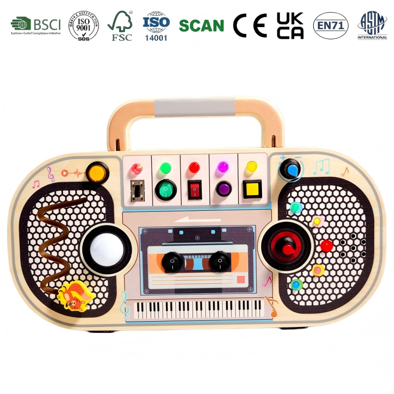 Wooden Busy Board Boombox Shaped Educational Sensory Activity Multifunctional Toy for Fine Motor Skills Development Light&Sound