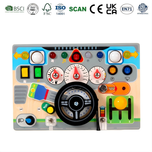 Wooden Car Dashboard Busy Board with Interactive Buttons & Gears EN71 Certified Rechargeable Battery with Light & Sound Effect