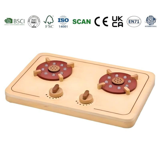 Wooden Gas Stove Toy with Simulated Flame Light and Sound Seafood Cookware Set Kids Pretend Play Cooking Playsets for Children