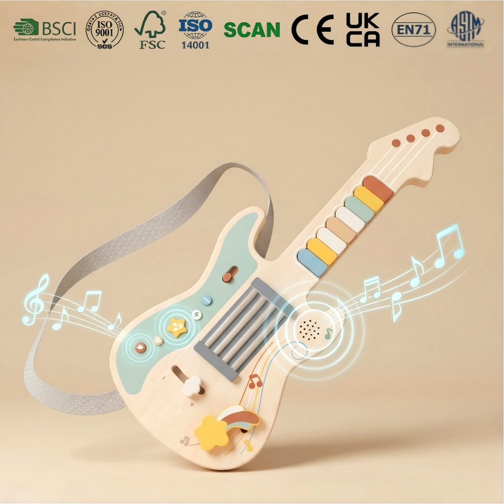 Portable Kids Wooden Guitar-shaped Montessori Toys Built-in Rock Songs Good Playing Experience With Light & Sound Effect