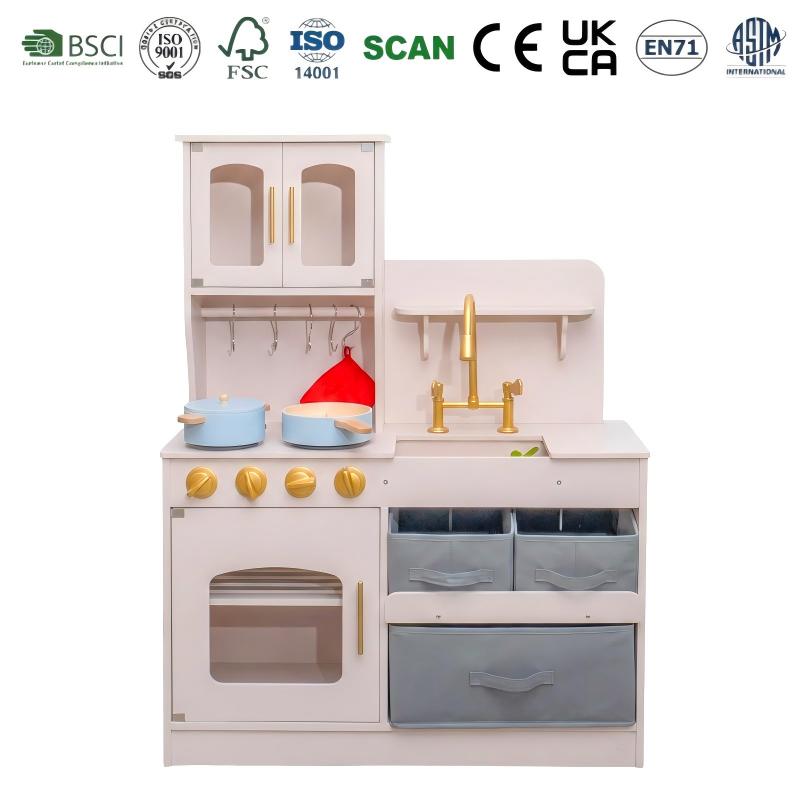 Pretend Play Kitchen  Modern Wooden Playsets with Gold Accessories Storage Baskets and Pots Cooking Toy for Kids Toddlers